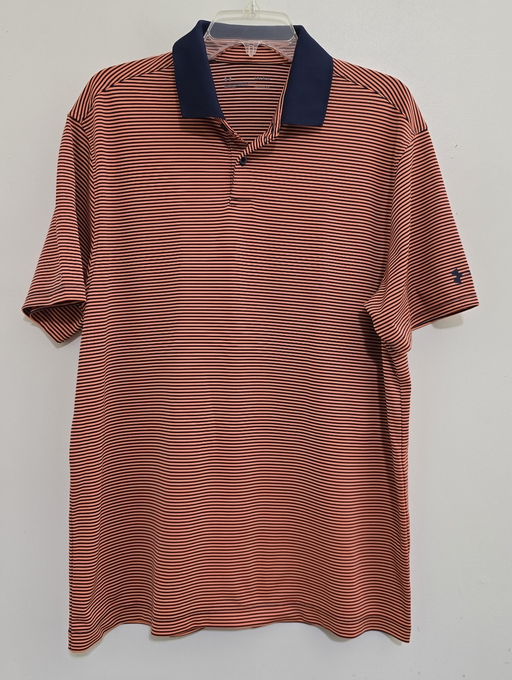 UNDER ARMOUR size Large Striped Short Sleeve Heat Gear Golf Polo Orange Navy